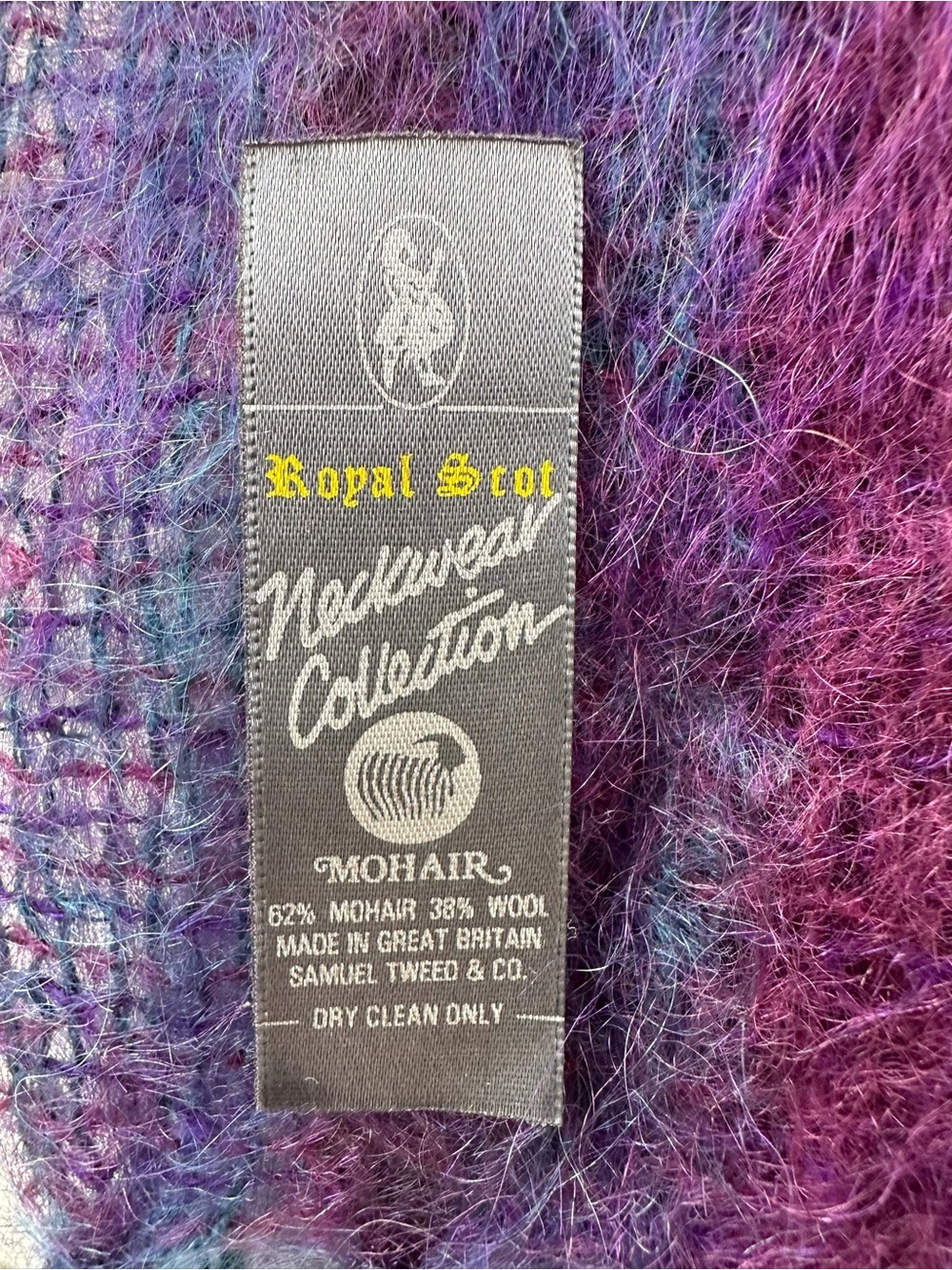 Royal Scot Mohair Wool Scarf Purple Teal Fringe UK Fuzzy Indie Sleaze Luxe - Picture 4 of 9